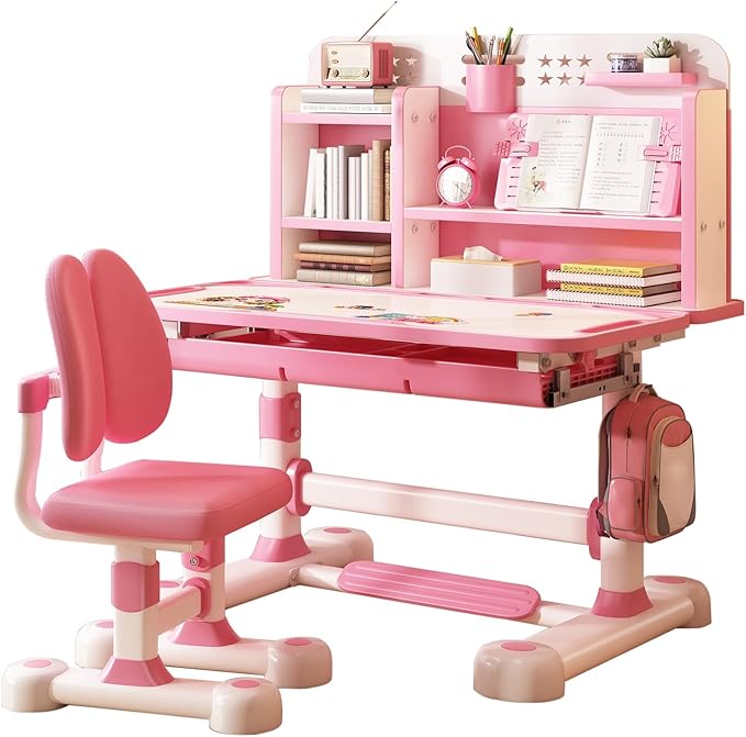 Desk and Chair Set- Height Adjustable Children School Study Desk with Castle Backboard