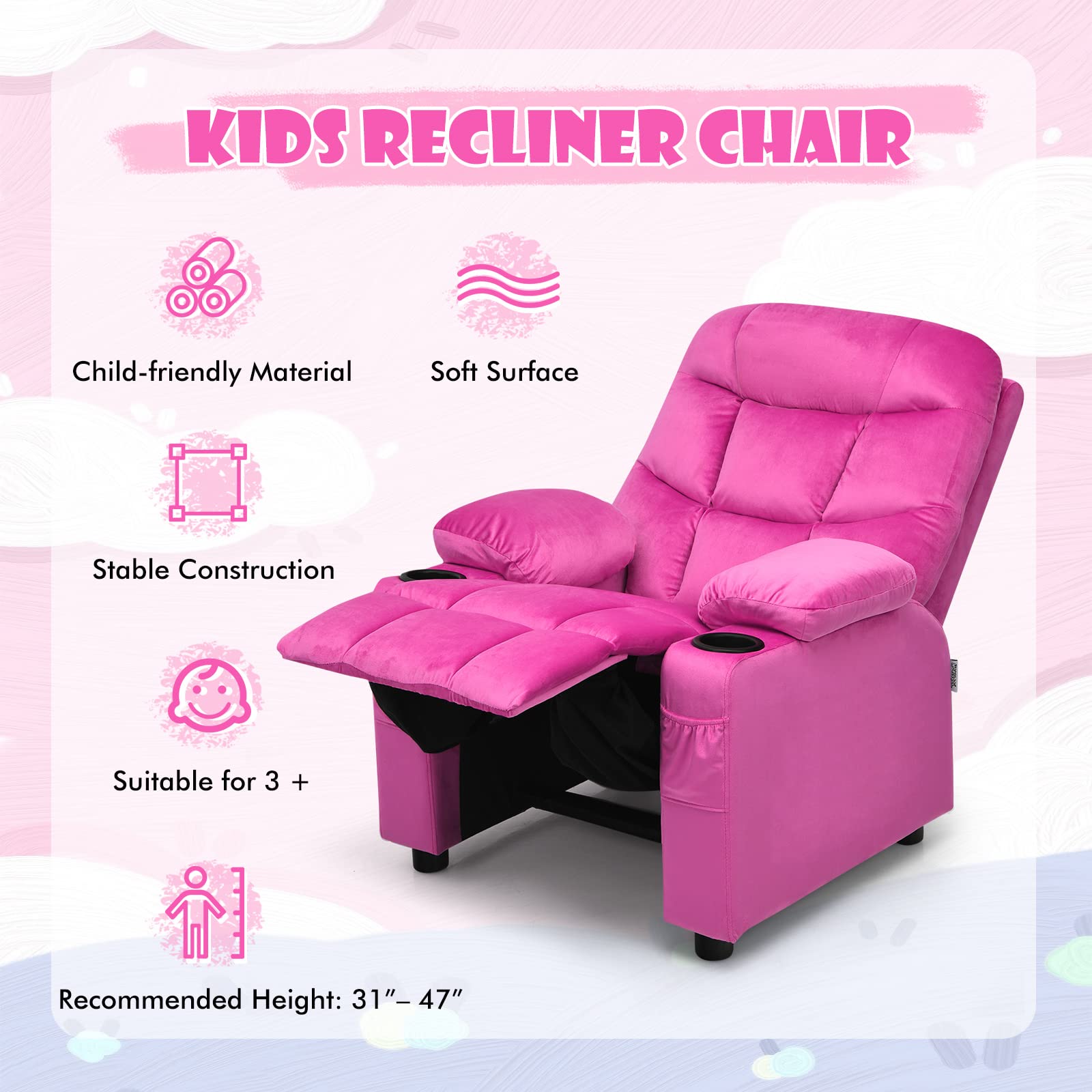 Larger Kids Recliner Chair, Adjustable Lounge Recliner w/ 2 Cup Holders, 1 Side Pocket