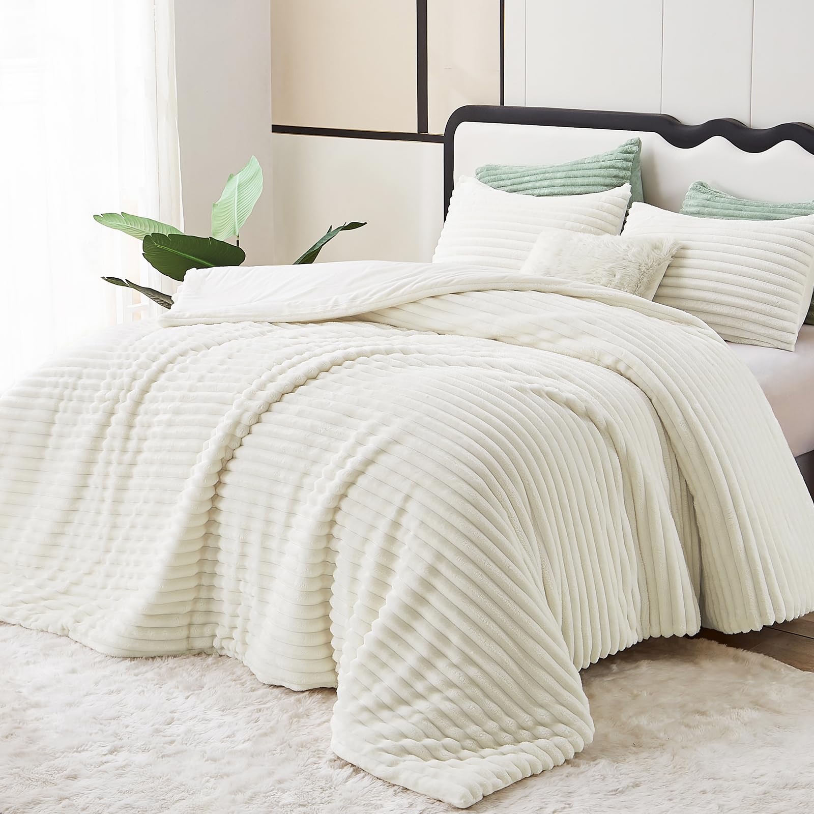 Fluffy Full Size Comforter Sets - Super Soft Faux Fur Cream White Comforter Queen Size