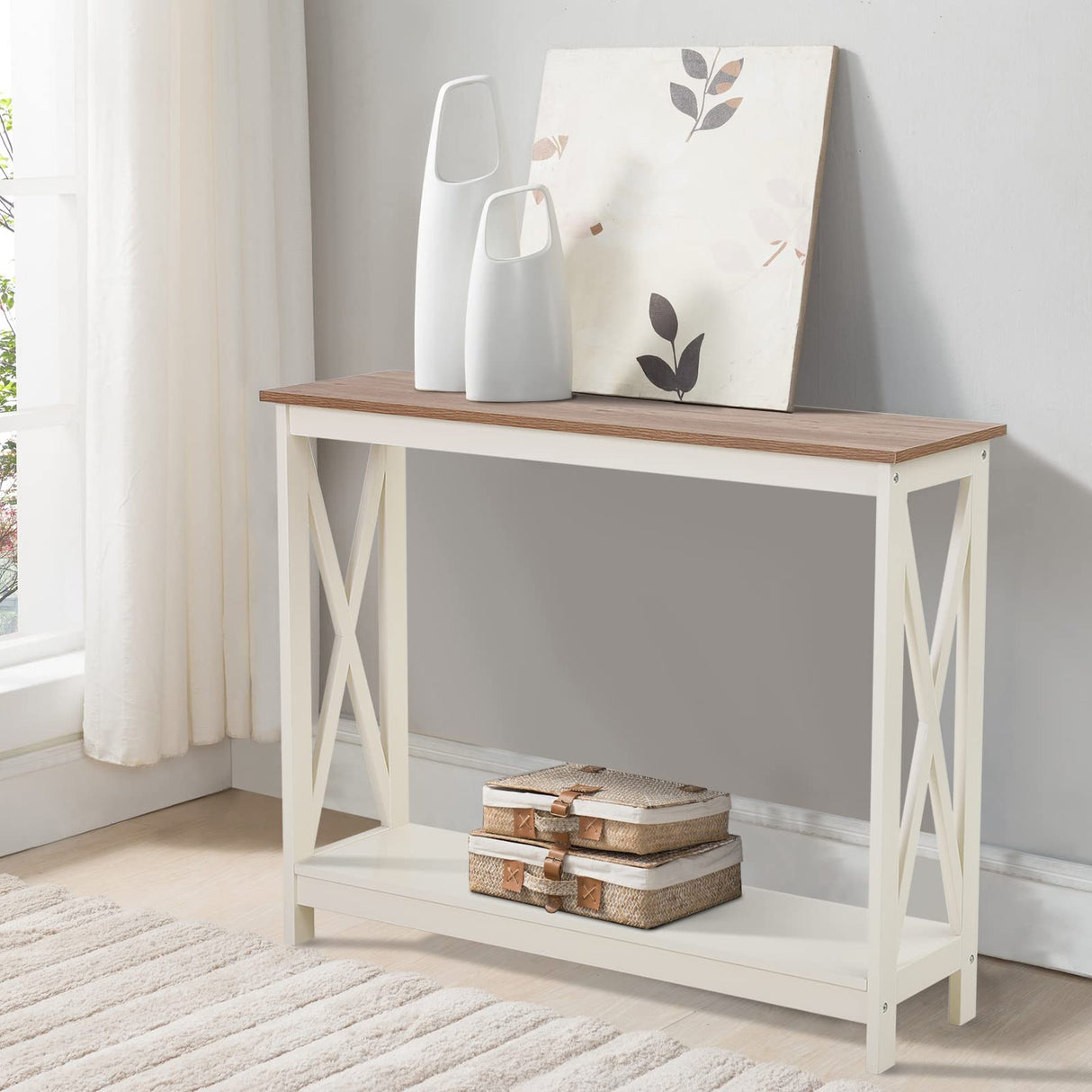 Console Table with Storage Shelf, 2 Tier Farmhouse Sofa Table for Entryway,