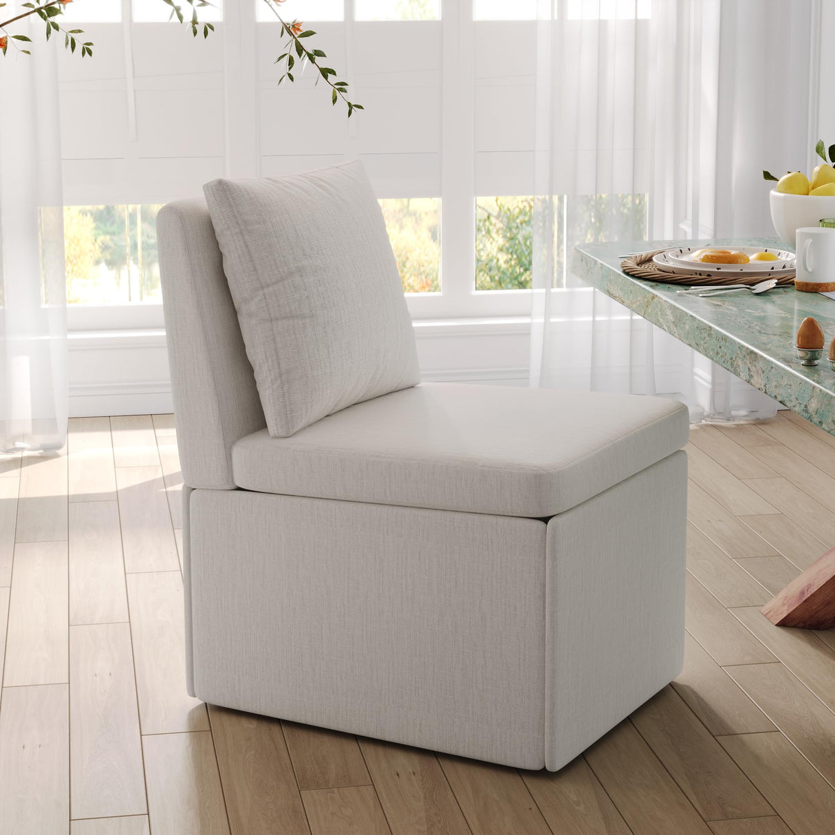 Upholstered Rolling Dining Chairs with Casters Set of 2, Modern Armless Linen Fabric Dining Chairs