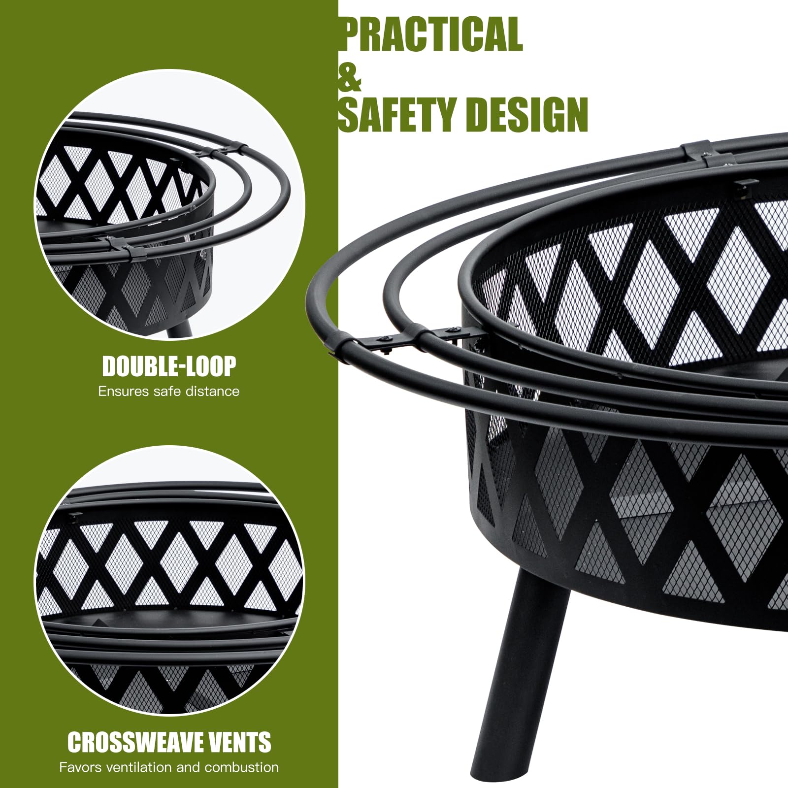 EcoNook 42 Inch Wood Burning Fire Pit with 2 Loops, Outdoor Fire Pit with Spark Screen & Fire Poker, Cross Weave Firepit for Outside Fireplace Bonfire for Yard,Patio, Garden - Bircata