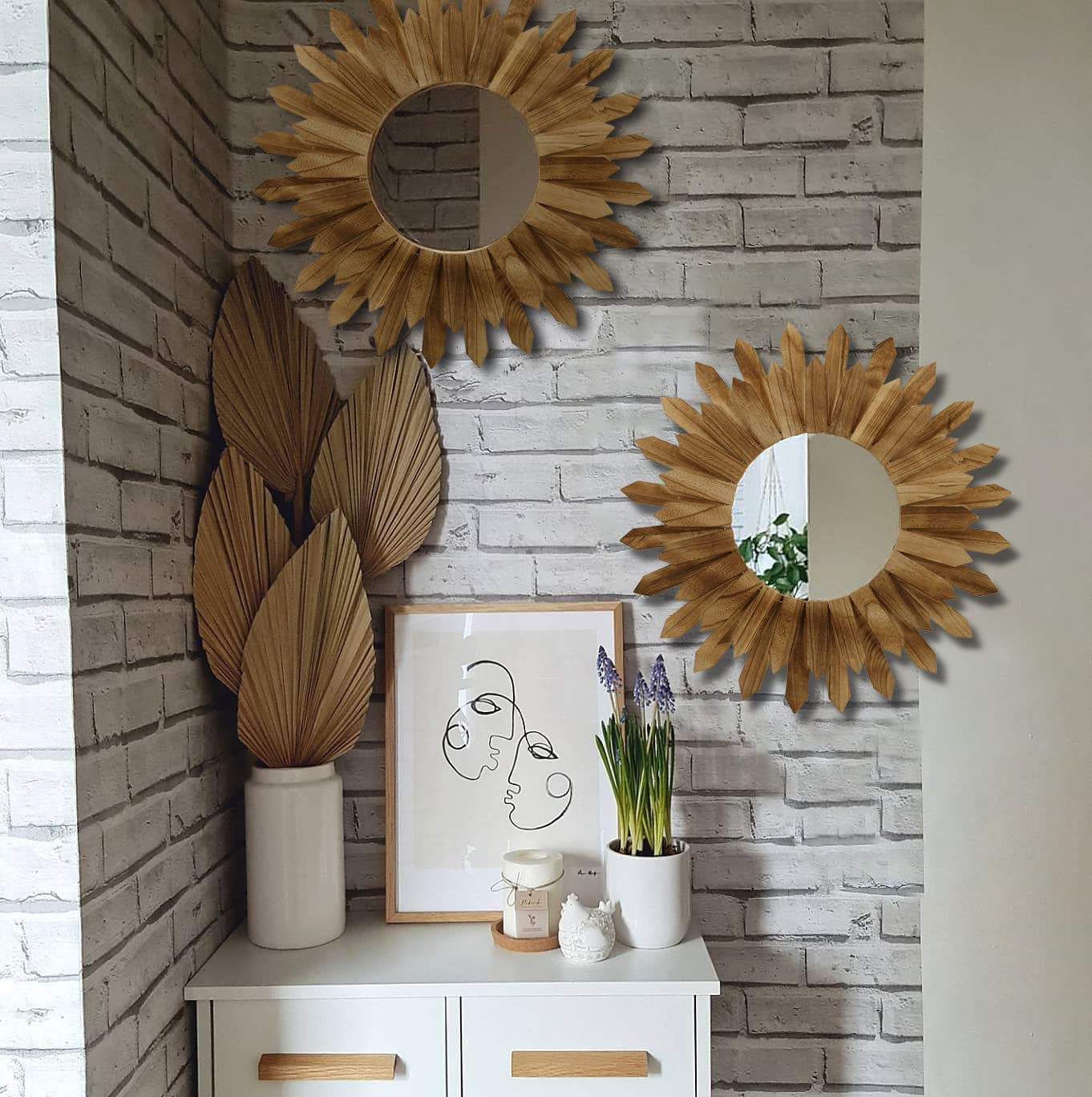 2 Pack 22 Inch Boho Wall Sunburst Mirror Rustic Round Wood Decorative Mirror Boho Wall