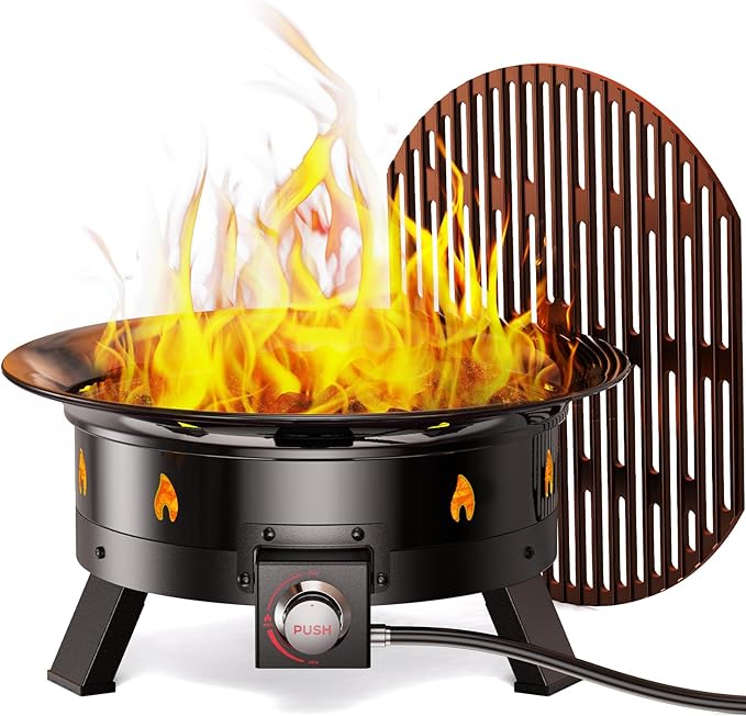 Large Propane Fire Pit 24 Inch, Gas Fire Pit with Grill Grate, Folding Legs