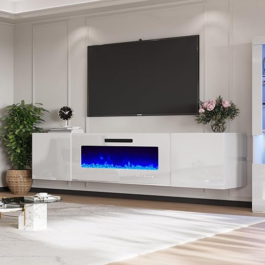 Floating TV Stand with 36" Electric Fireplace, High Gloss Finish Wall Mounted