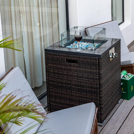AJ Enjoy 24in Outdoor Propane Gas Fire Pit Table, 40,000 BTU Auto - Ignition Gas Firepit with Glass Wind Guard, Marble Tile Tabletop, Mixed Color Glass Rocks, Brown PE Rattan - Bircata