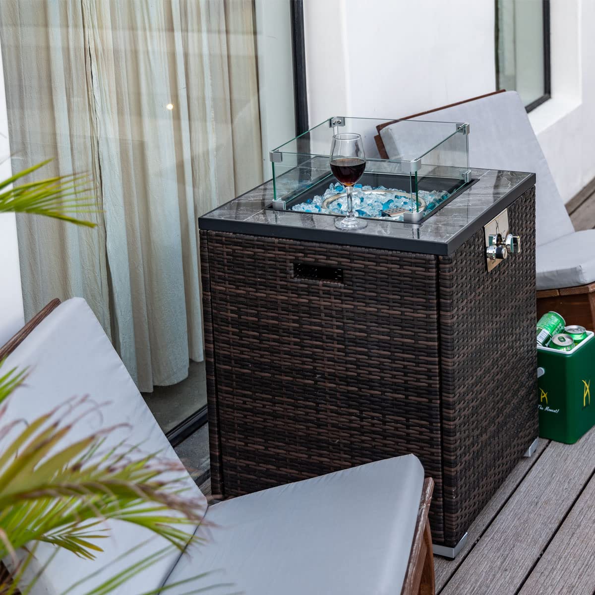 AJ Enjoy 24in Outdoor Propane Gas Fire Pit Table, 40,000 BTU Auto - Ignition Gas Firepit with Glass Wind Guard, Marble Tile Tabletop, Mixed Color Glass Rocks, Brown PE Rattan - Bircata