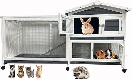 Classic Wooden Indoor & Outdoor Rabbit Hutch Guinea Pig House On Wheels Small Animals