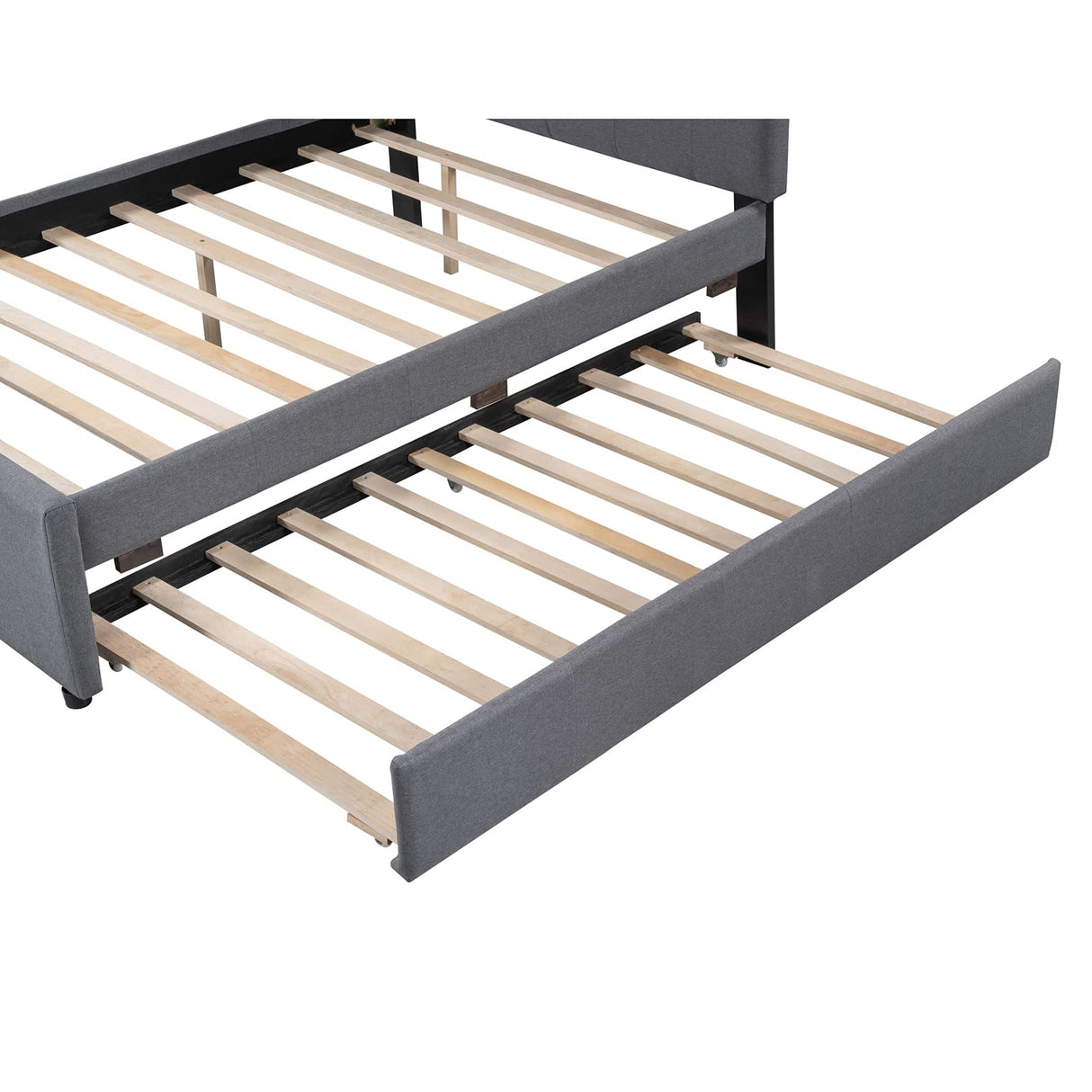 l Size Linen Upholstered Platform Bed Frames with Quiet Trundle Bed, Mid-Century Modern