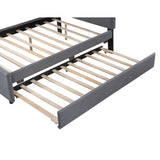 l Size Linen Upholstered Platform Bed Frames with Quiet Trundle Bed, Mid-Century Modern