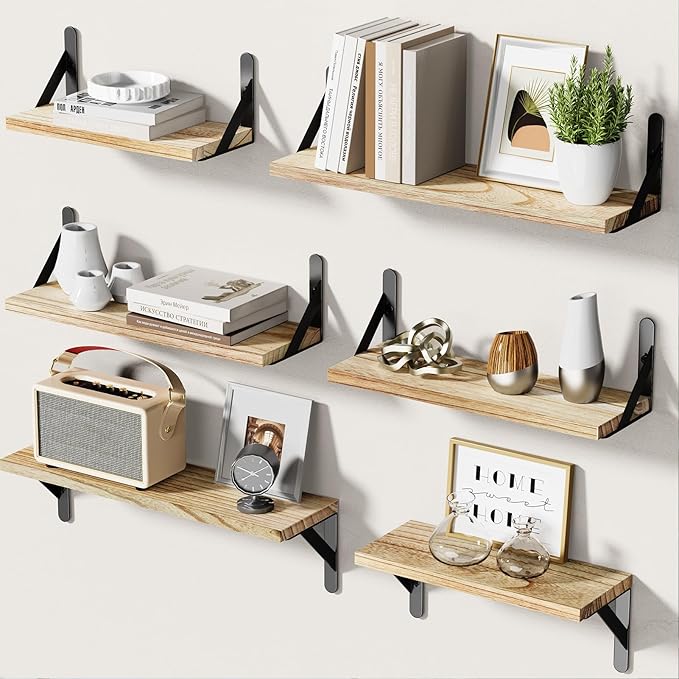 Wall Shelves Set of 6, Wood Floating Shelves for Wall Decor, Rustic Farmhouse Wall Shelves