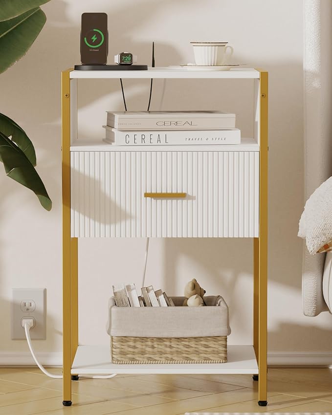 Modern Nightstand with Charging Station, White Side Table with Drawer