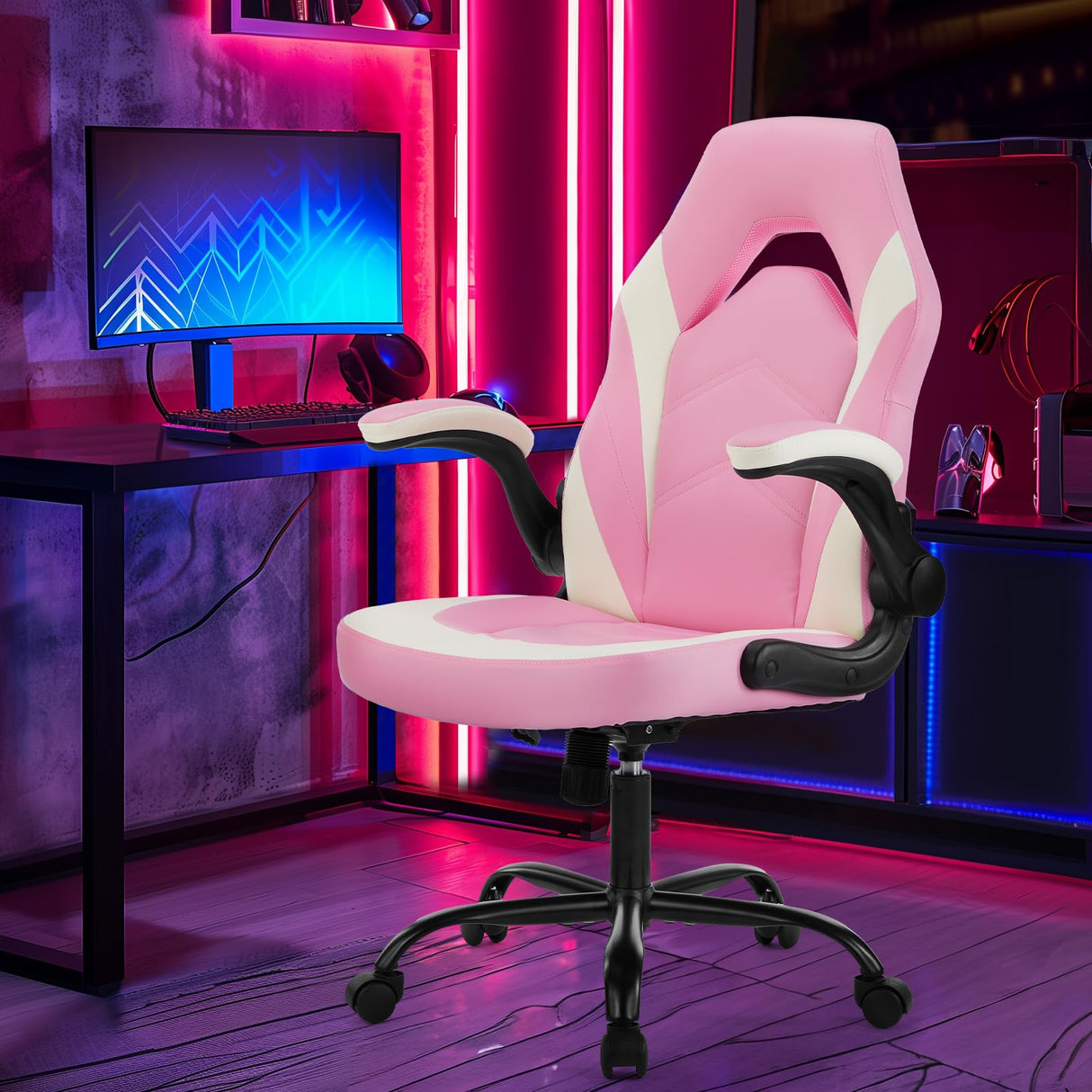 Computer Gaming Desk Chair - Pink Ergonomic Office Executive Adjustable Swivel