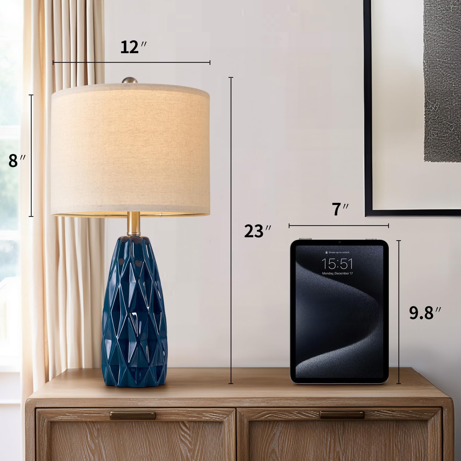 23" Table lamp Set of 2 Modern Ceramic Small Blue Embossed Geometric Pattern Bedside