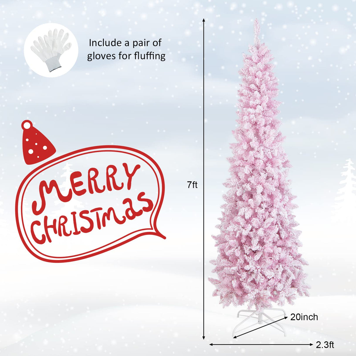 7ft Pink Pre-Lit Pencil Christmas Tree, Snow Flocked Artificial Slim Tree with 800 Branch Tips, 300 LED Lights, 8 Lighting Modes, Life-Like Hinged Xmas Tree for Indoor Home Office Holiday Decor