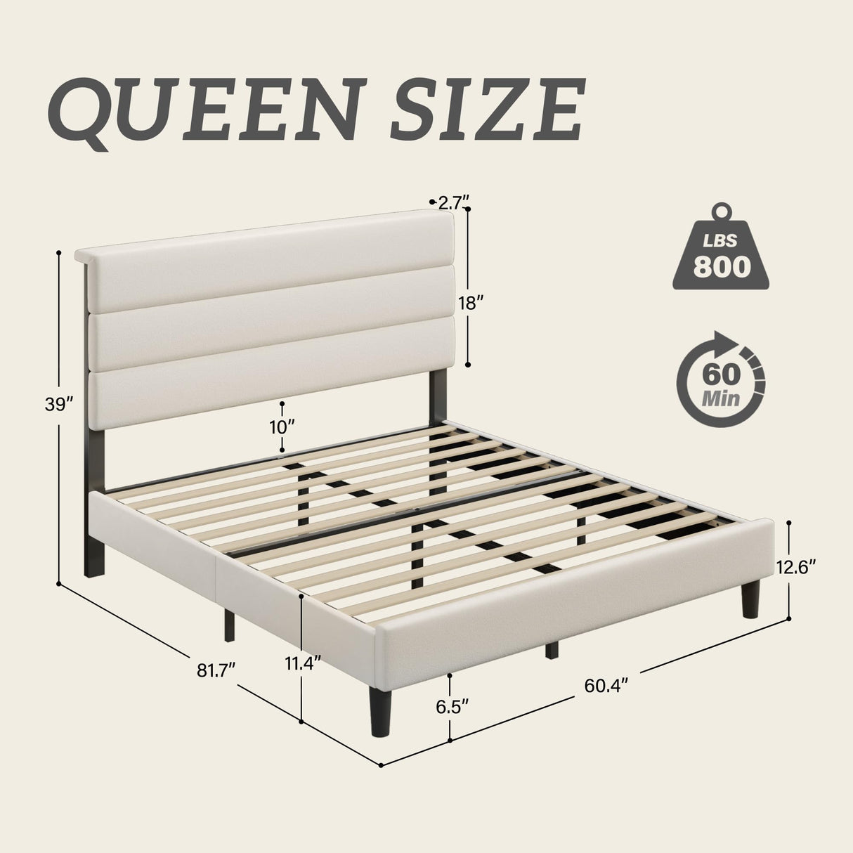 Queen Bed Frame with Velvet Upholstered Headboard