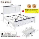 King Bed Frame with Storage Drawers & Farmhouse Headboard