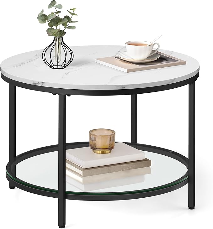 Round Coffee Table, Small Coffee Table with Faux Marble Top and Glass Storage Shelf