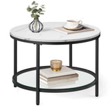 Round Coffee Table, Small Coffee Table with Faux Marble Top and Glass Storage Shelf,