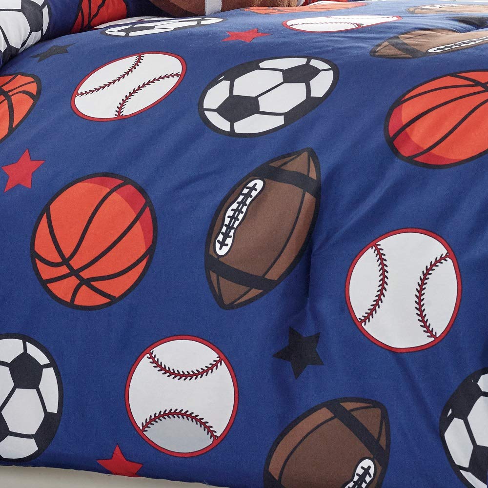 Kids Collection Bedding 4 Piece Blue Twin Size Comforter Set with Sheet Pillow sham and Plush Football Pillow Soccer Baseball Basketball Fun Sports Design (Football, Twin Comforter)