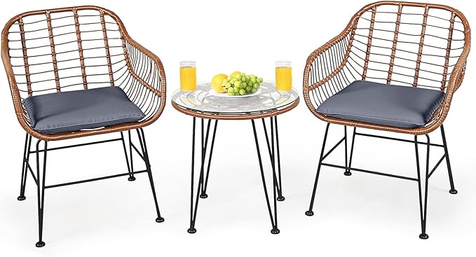 3-Piece Patio Bistro Set PE Rattan Wicker Armchairs and Coffee Table Set with Cushions