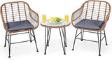 3-Piece Patio Bistro Set PE Rattan Wicker Armchairs and Coffee Table Set with Cushions