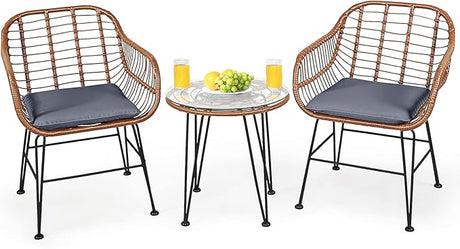 3-Piece Patio Bistro Set PE Rattan Wicker Armchairs and Coffee Table Set with Cushions