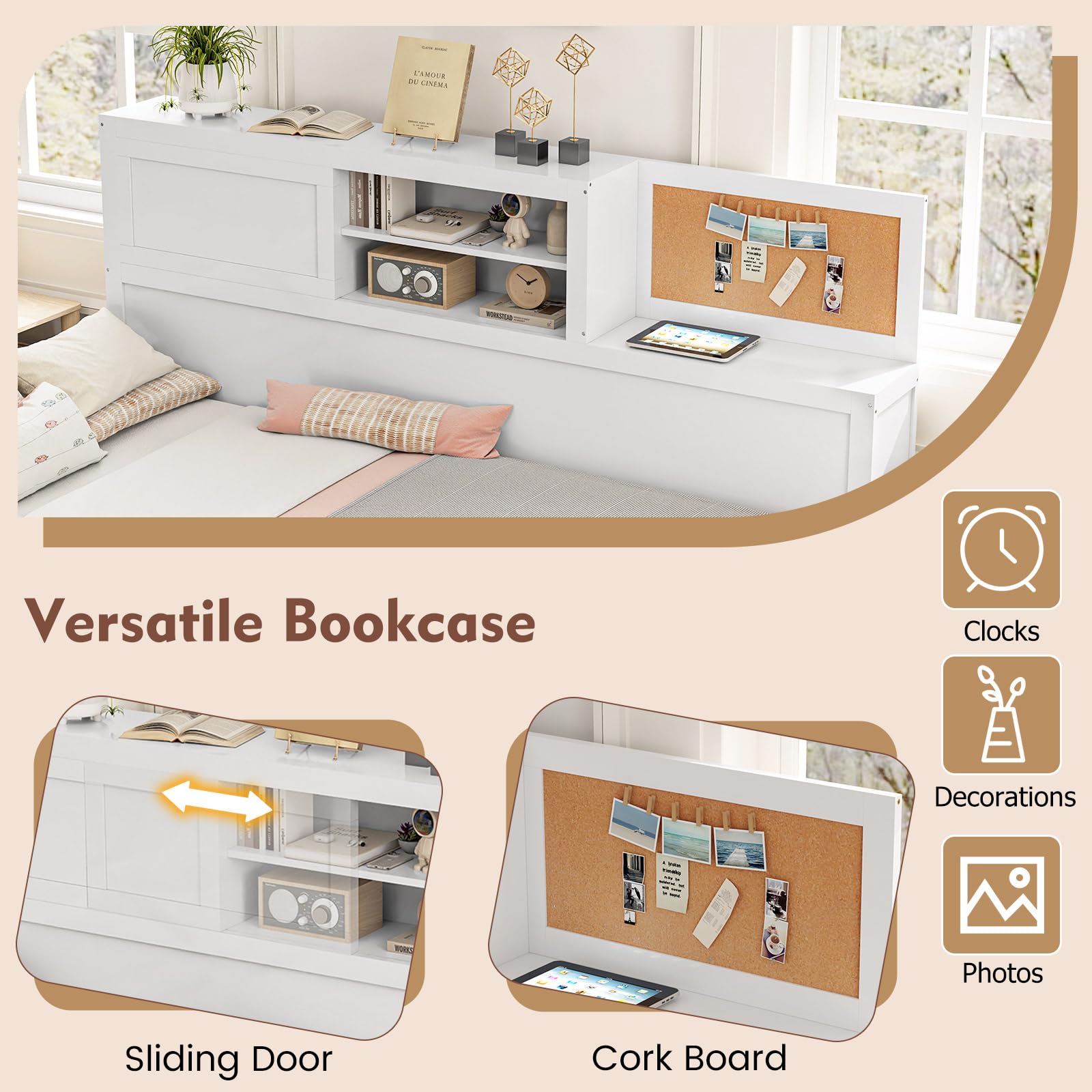 Storage, Wooden Day Bed with 3 Storage Drawers, Shelves, Cork Board & Sliding Door,