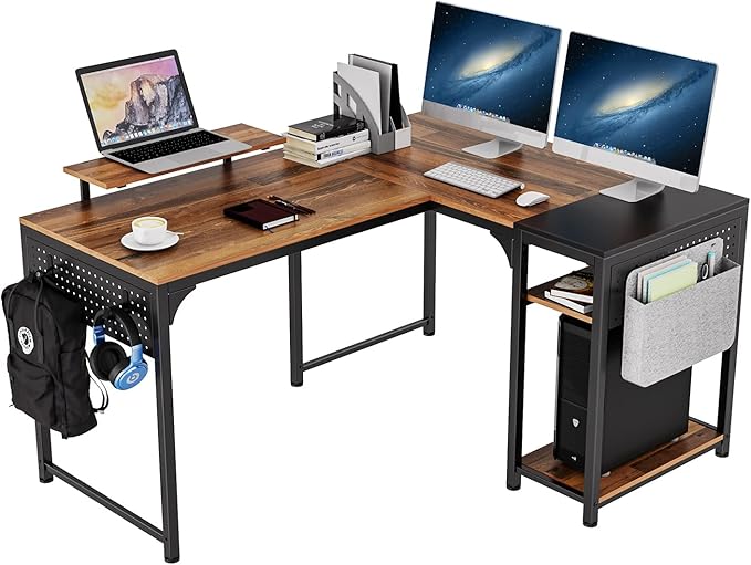 Reversible L Shaped Desk with Monitor Stand,58x47 inch Corner Desk,Study Writing Computer Table