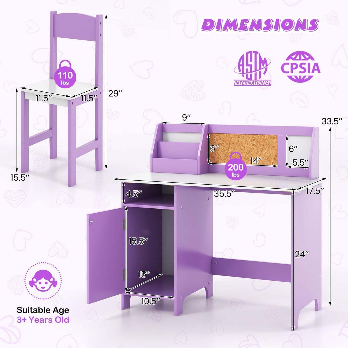 Kids Desk and Chair Set, Wooden Children Study Table with Storage, Hutch