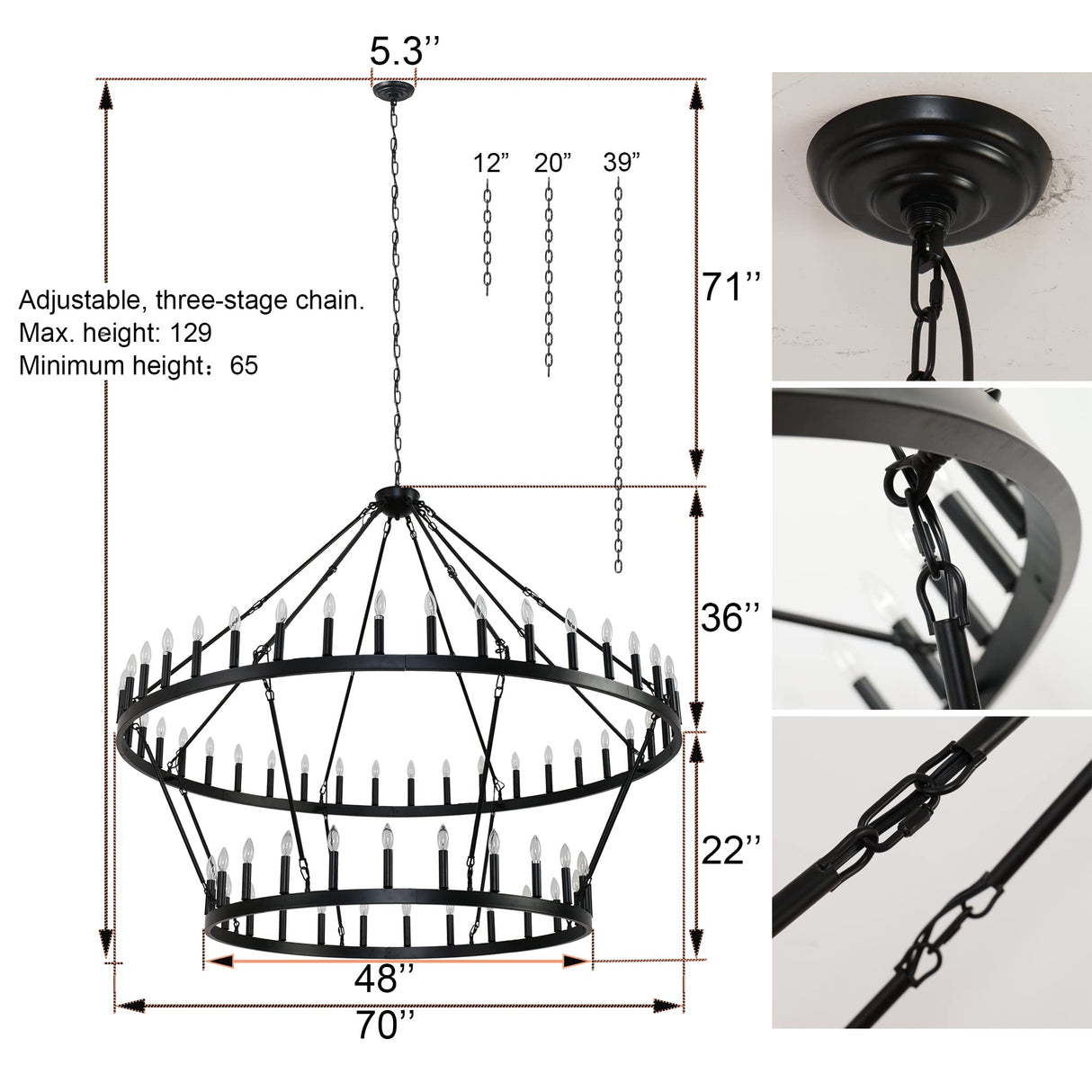 70 Inch Extra Large Wagon Wheel Chandelier 2 Tier 64-Lights Black Farmhouse Pendant