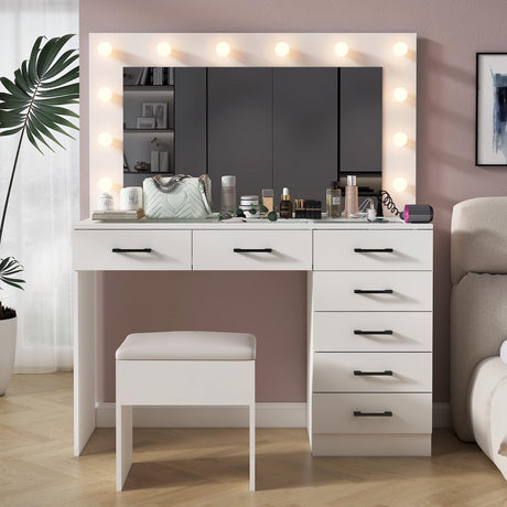 Desk with Large Lighted Mirror & Powre Outlet, Glass Tabletop Makeup Vanity Set with 7 Drawers, 45.3" Vanity Table with 3 Color Lighting Modes, Dressing Table for Women Girls, White