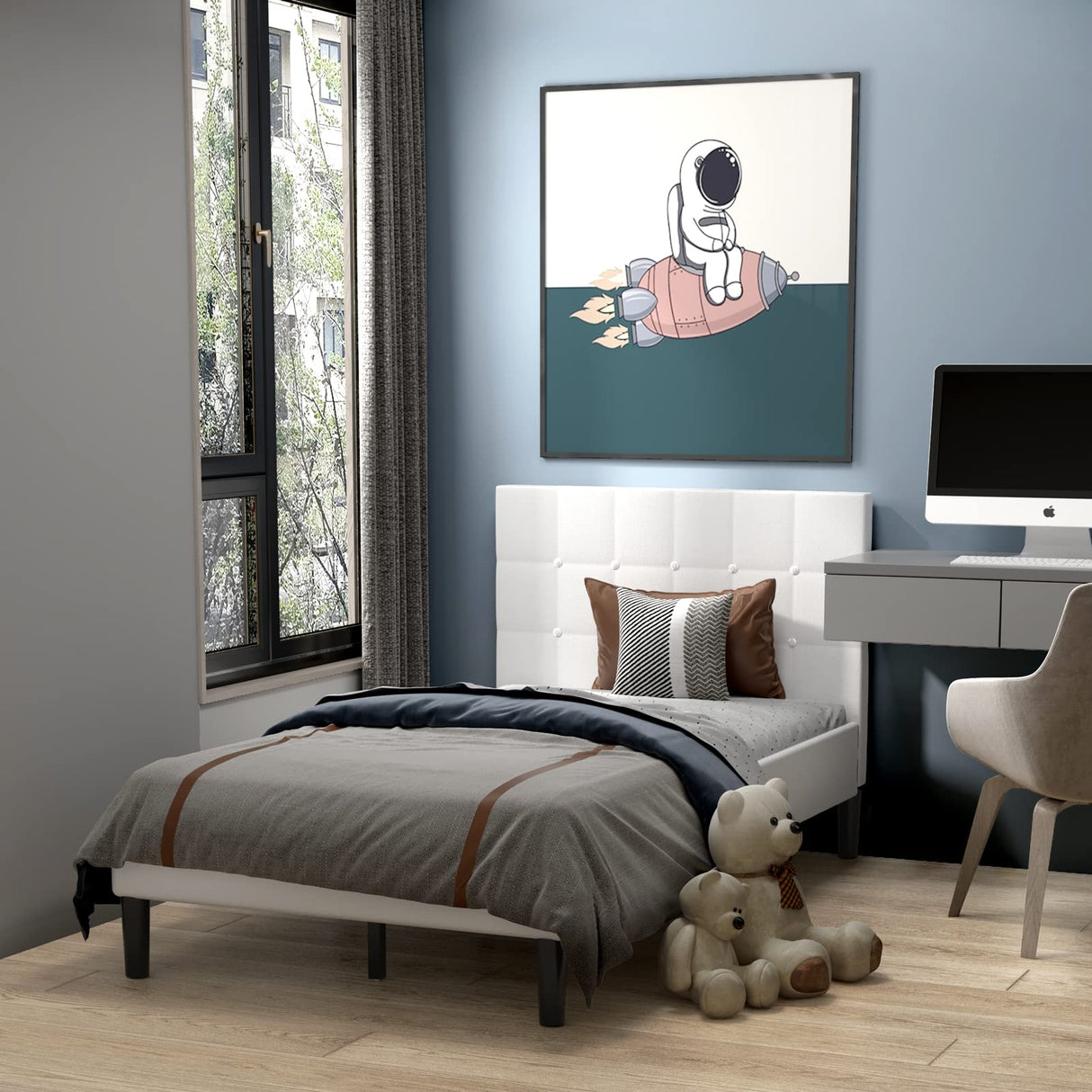 Upholstered Twin Bed Frame with Headboard, Solid Wood Slat Support Mattress