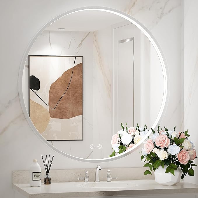 28 Inch LED Black Frame Round Mirror,Round Bathroom Mirror with Light,Anti-Fog & Dimmable