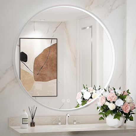 28 Inch LED Black Frame Round Mirror,Round Bathroom Mirror with Light,Anti-Fog & Dimmable