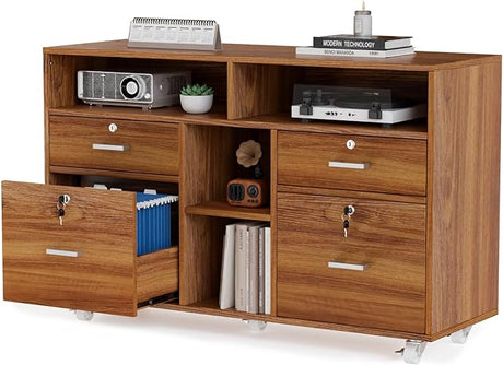 Wood Mobile File Cabinet with 4 Drawers and Shelves, Printer Stand