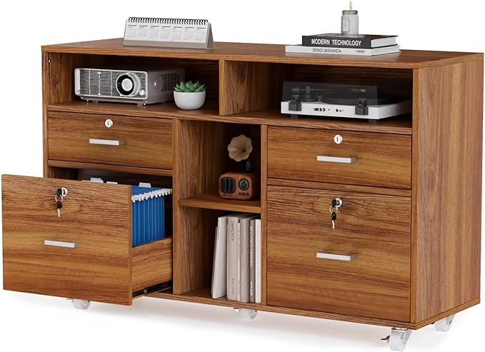 Wood Mobile File Cabinet with 4 Drawers and Shelves, Printer Stand