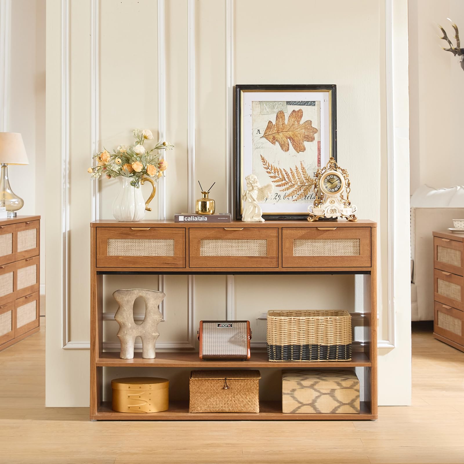 48" Boho Rattan Console Table with 3 Drawers