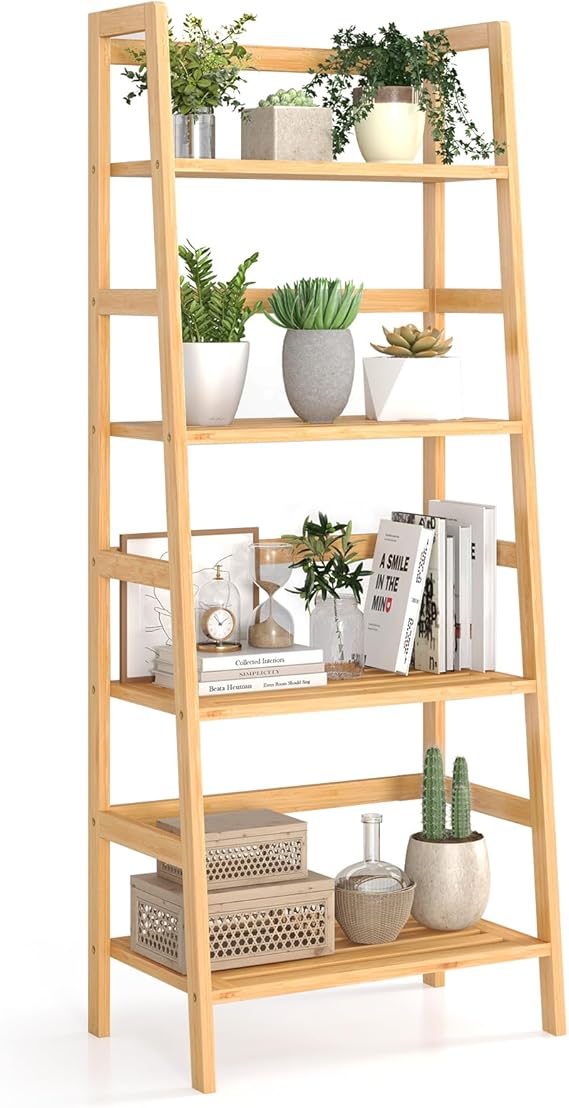 4-Tier White Ladder Shelf, Bamboo Open Bookcase Book Shelf with Storage, 47.5" Freestanding Display Shelving Unit Plant Stand Rack Organizer, Shelves for Bedroom, Living Room, Home Office