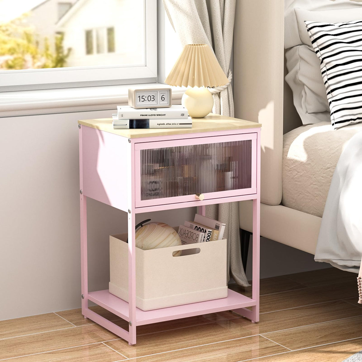 Pink Nightstand,End Tables with Storage Drawer,Bedside Table with Open Storage Shelf