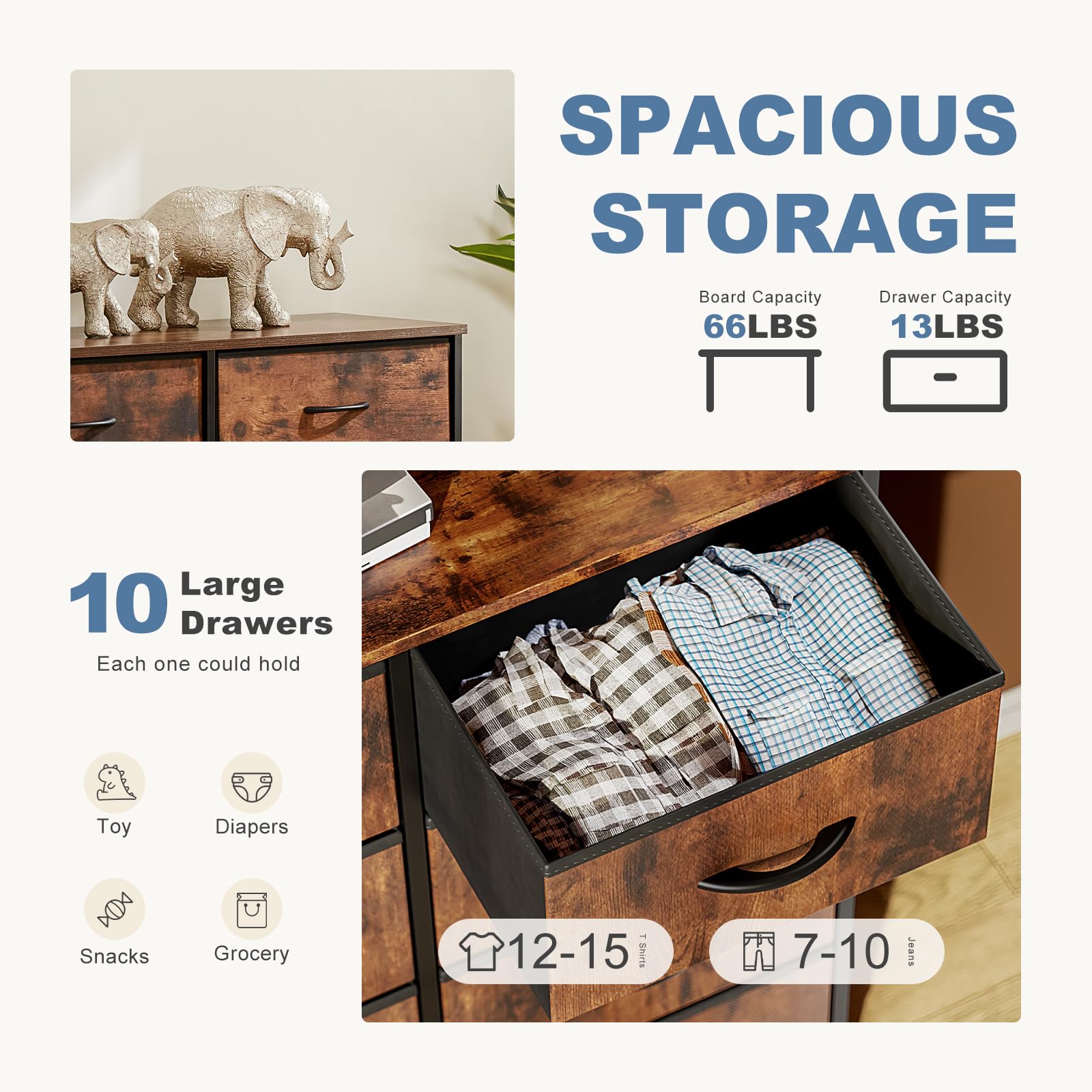 Dresser for Bedroom Storage Tower, Chest Fabric Bins Sturdy Metal Frame Wood Tabletop