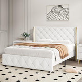 Upholstered Full Size Bed Frame with Diamond Headboard, Faux Leather Low Profile