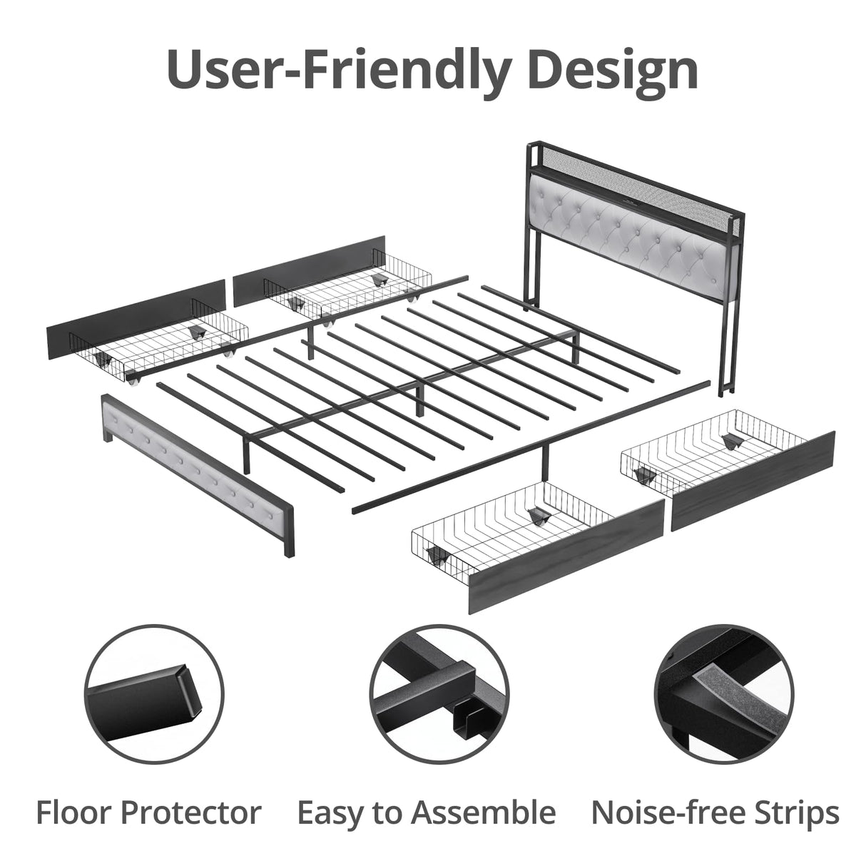 Queen Bed Frame with 4 Storage Drawers, Charging Station and LED Lights, Upholstered Headboard with Storage Shelves