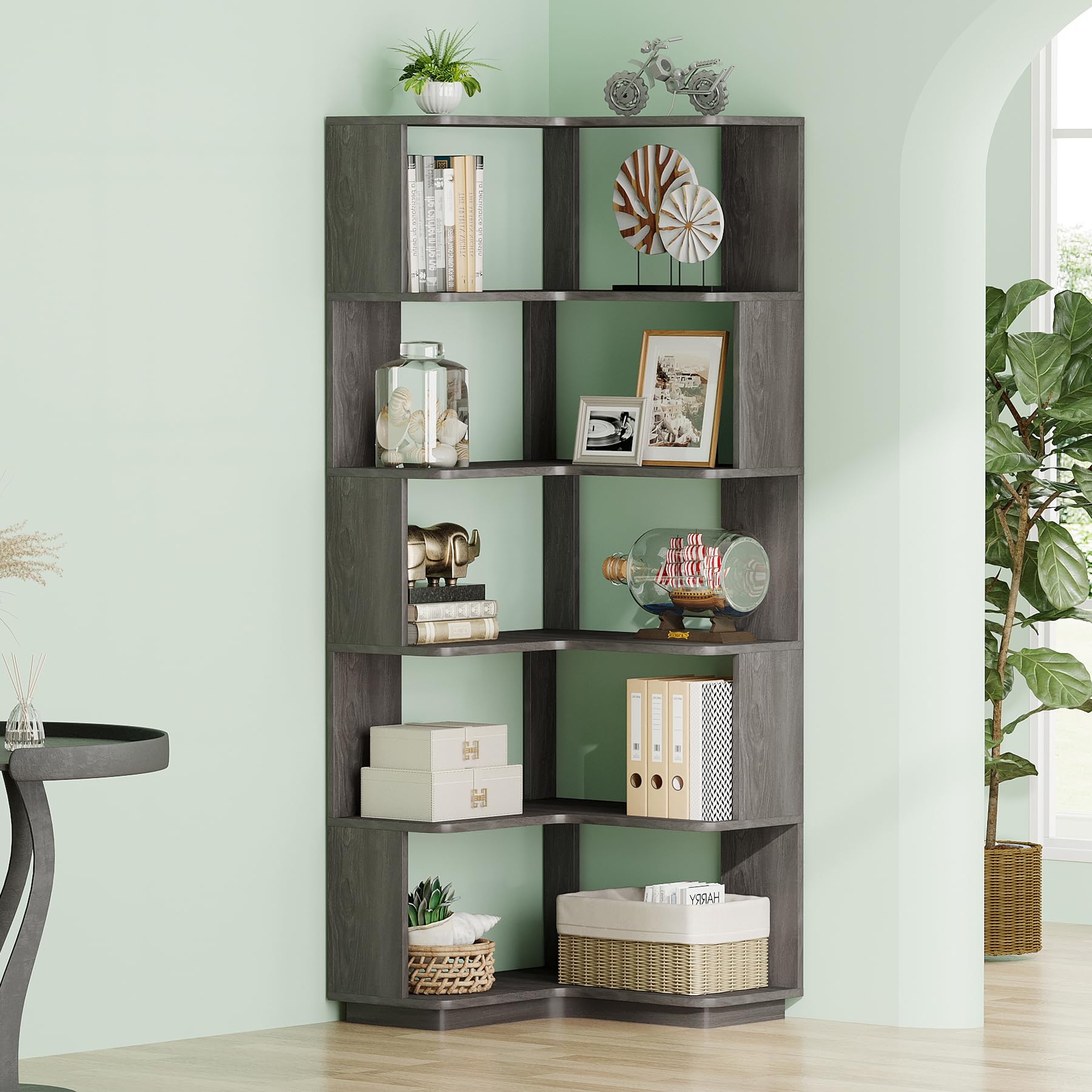 6-Tier Corner Bookshelf, 64.9 Inch Tall Bookcase with Anti-Drop Panel, Industrial Freestanding