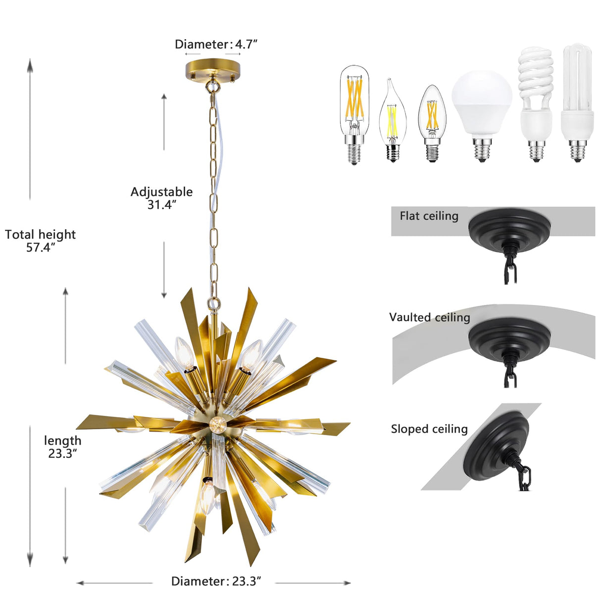 Gold Sputnik Chandelier Light 12 Lights, 24" Modern Starburst Chandelier Light Fixture