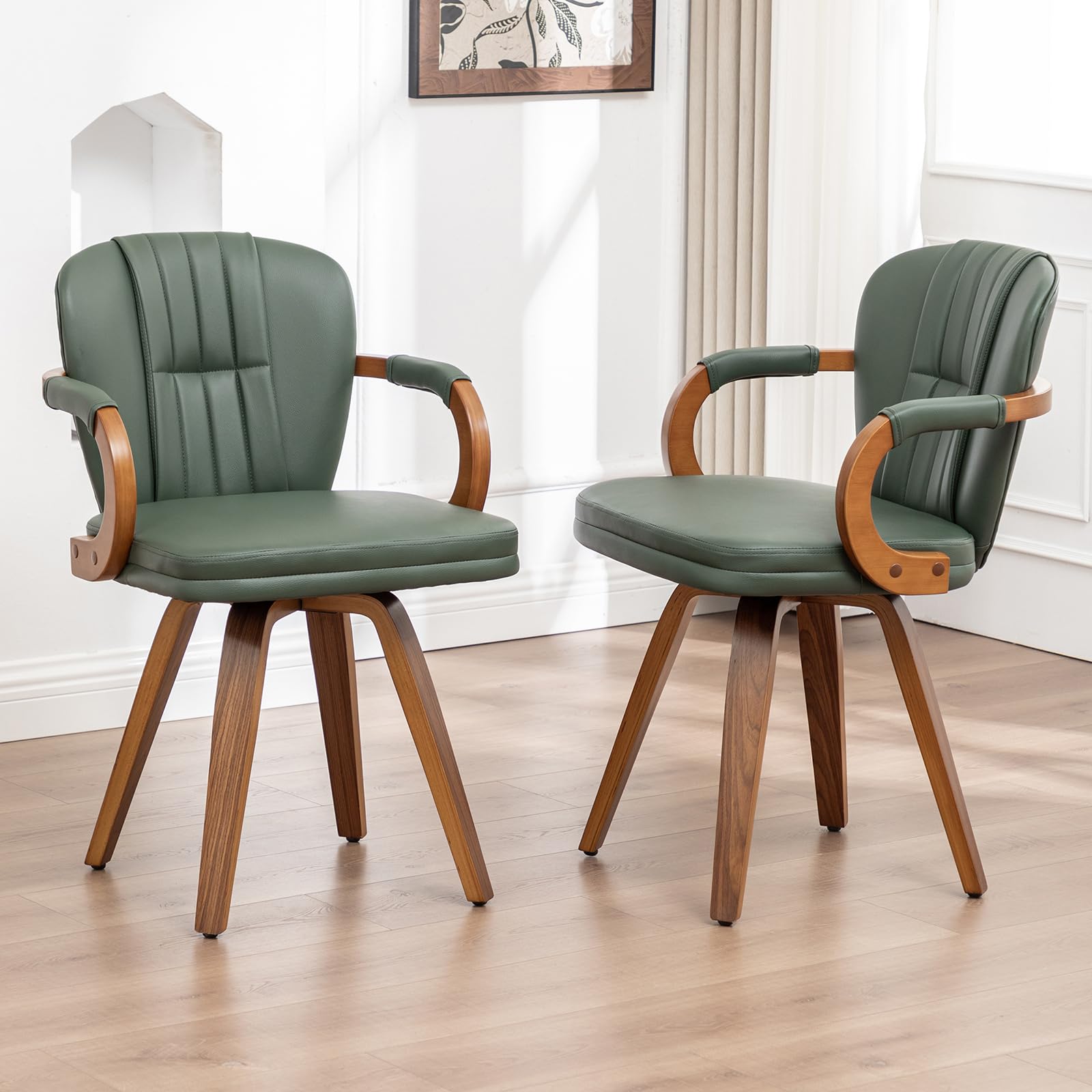 Swivel Dining Chairs Set of 4 - Green Leather Mid Century Modern