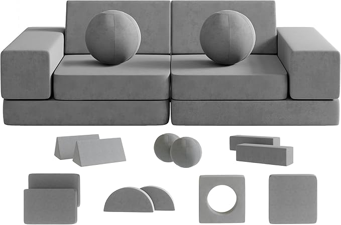 Kids Couch, 12PCS Toddler Couch with 2 Balls and Tunnel, Modular Kids Couch for Playroom