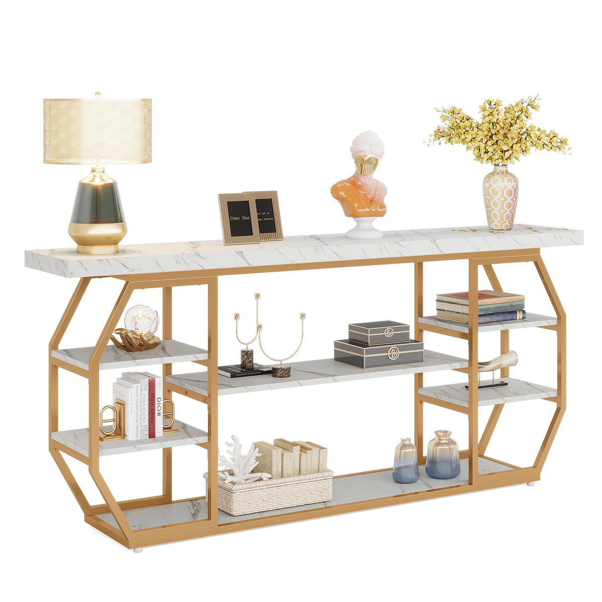 Extra Long Console Table, Modern Gold Entryway Table with 6 Storage Shelves,