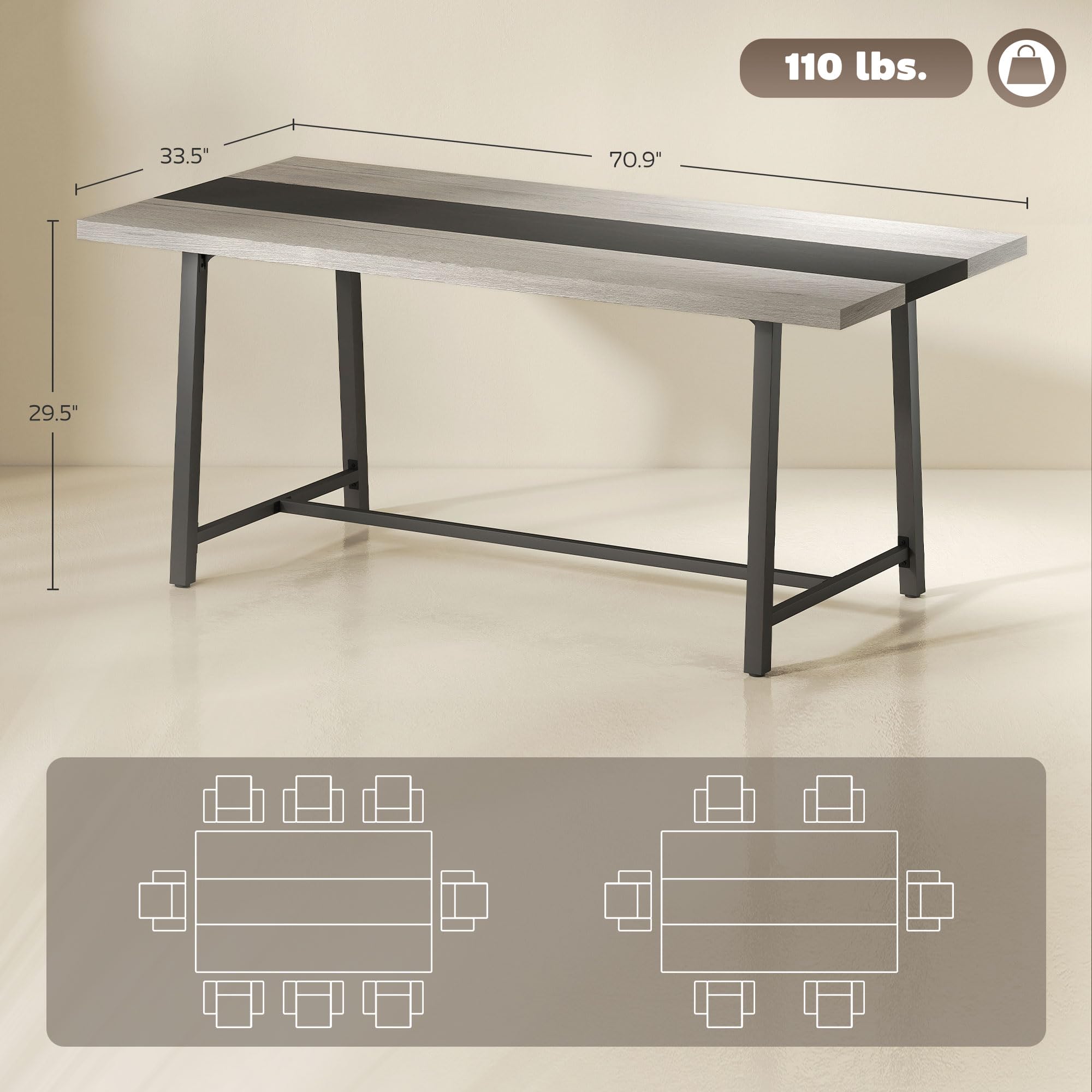 70.9" Industrial Rectangular Dining Table for 8 People