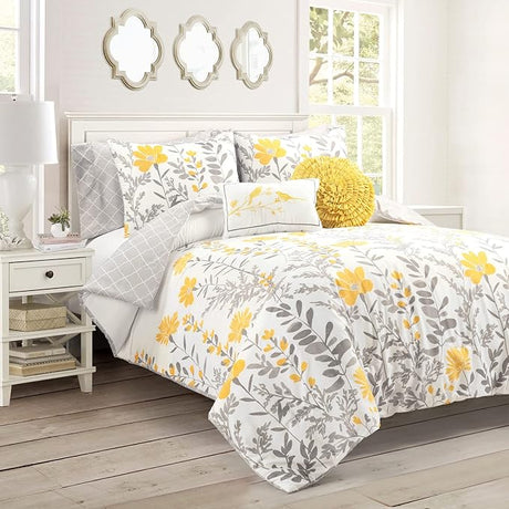 Aprile Soft Reversible Floral Comforter Set, 8 Piece Set, King, Yellow & Gray- Beautiful King